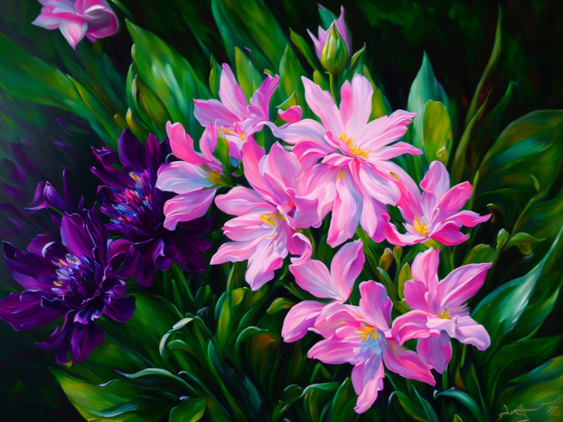 Colorful painting of pink and purple flowers in lush green foliage