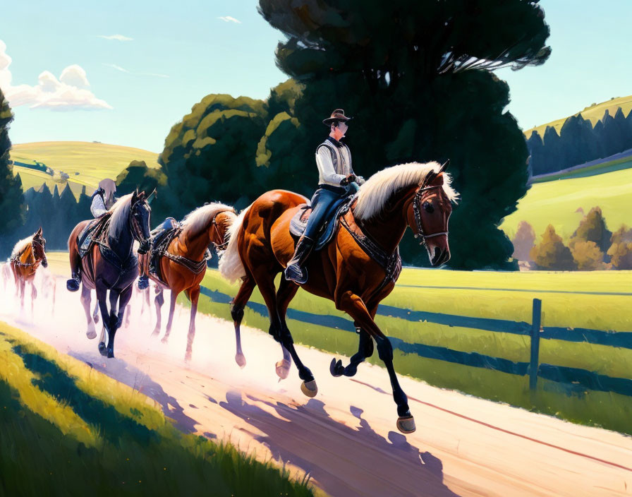 Chestnut Horse Rider Leading Two Horses in Sunny Countryside