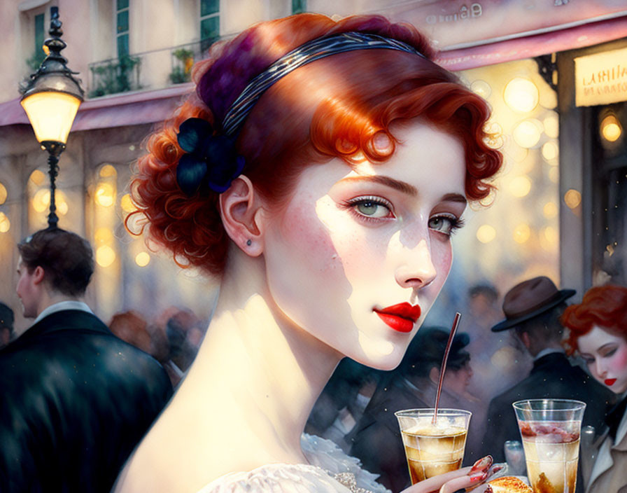 Illustrated woman with red hair at cafe with drink, bustling background.