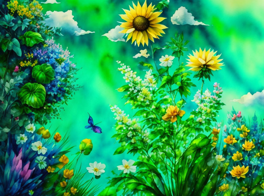 Colorful Garden Illustration with Sunflowers and Butterflies