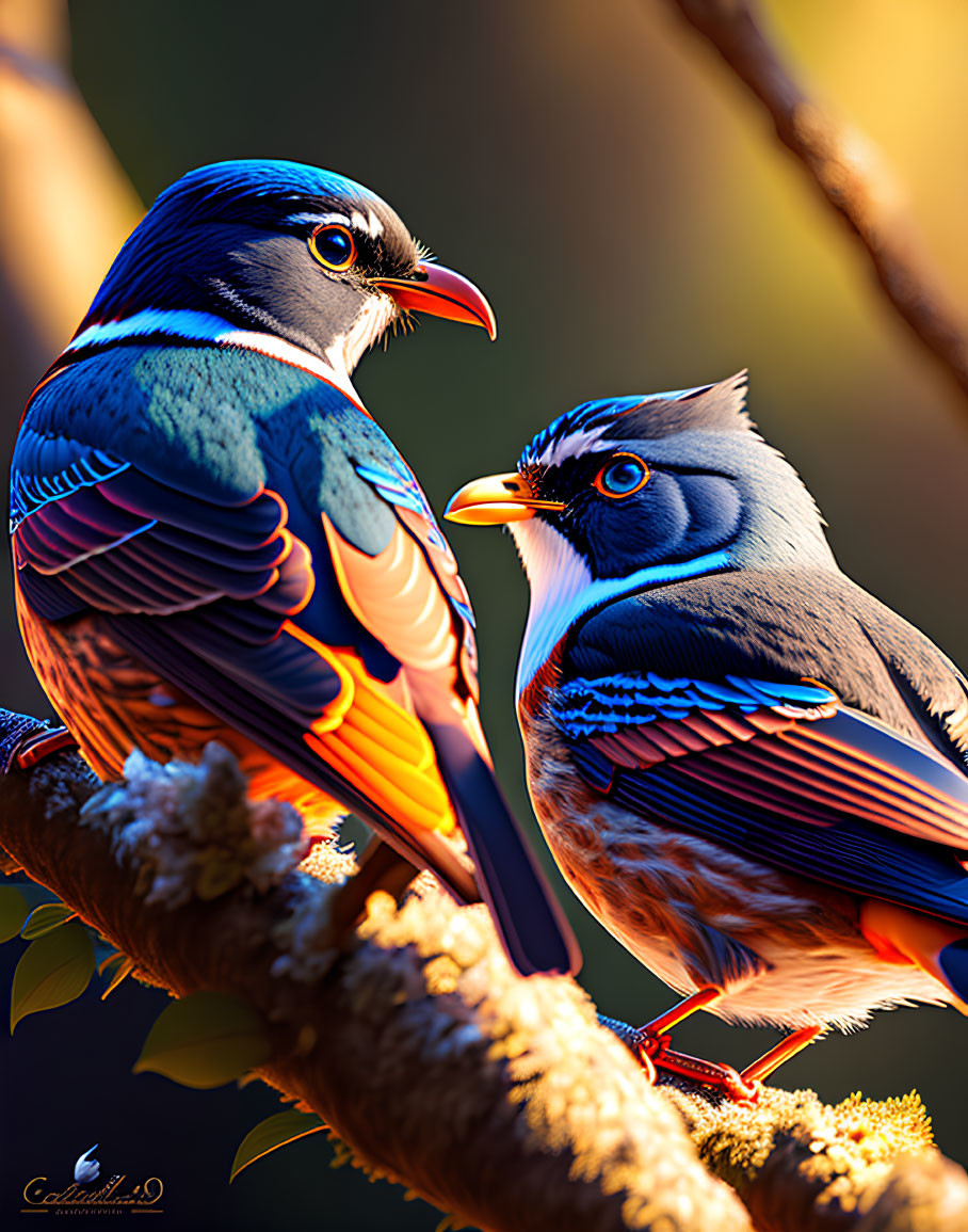 Colorful Birds Perched on Branch with Bokeh Background