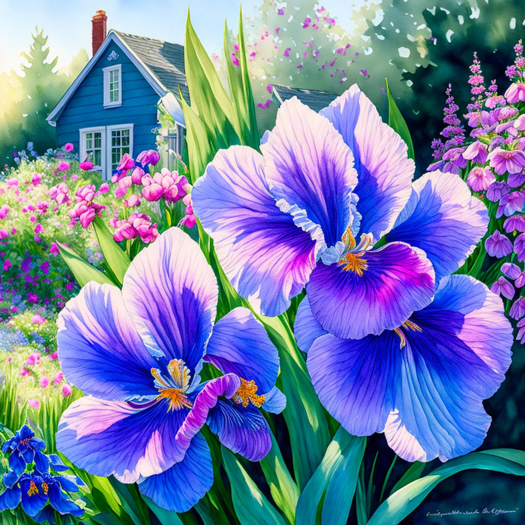 Vibrant painting of blue irises, a blue house, and garden in warm sunlight