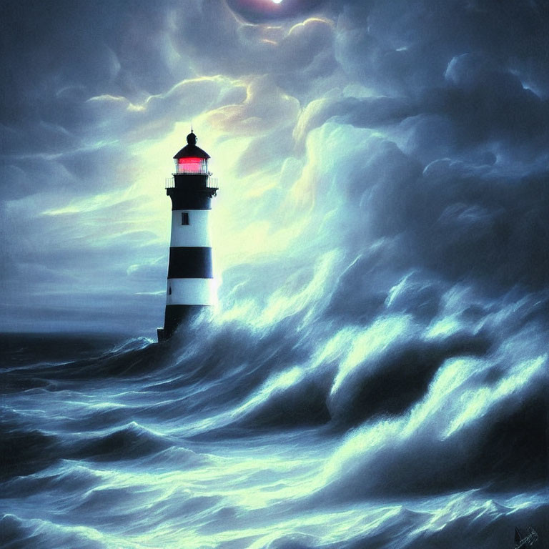 Striped lighthouse in stormy seas under red sky.