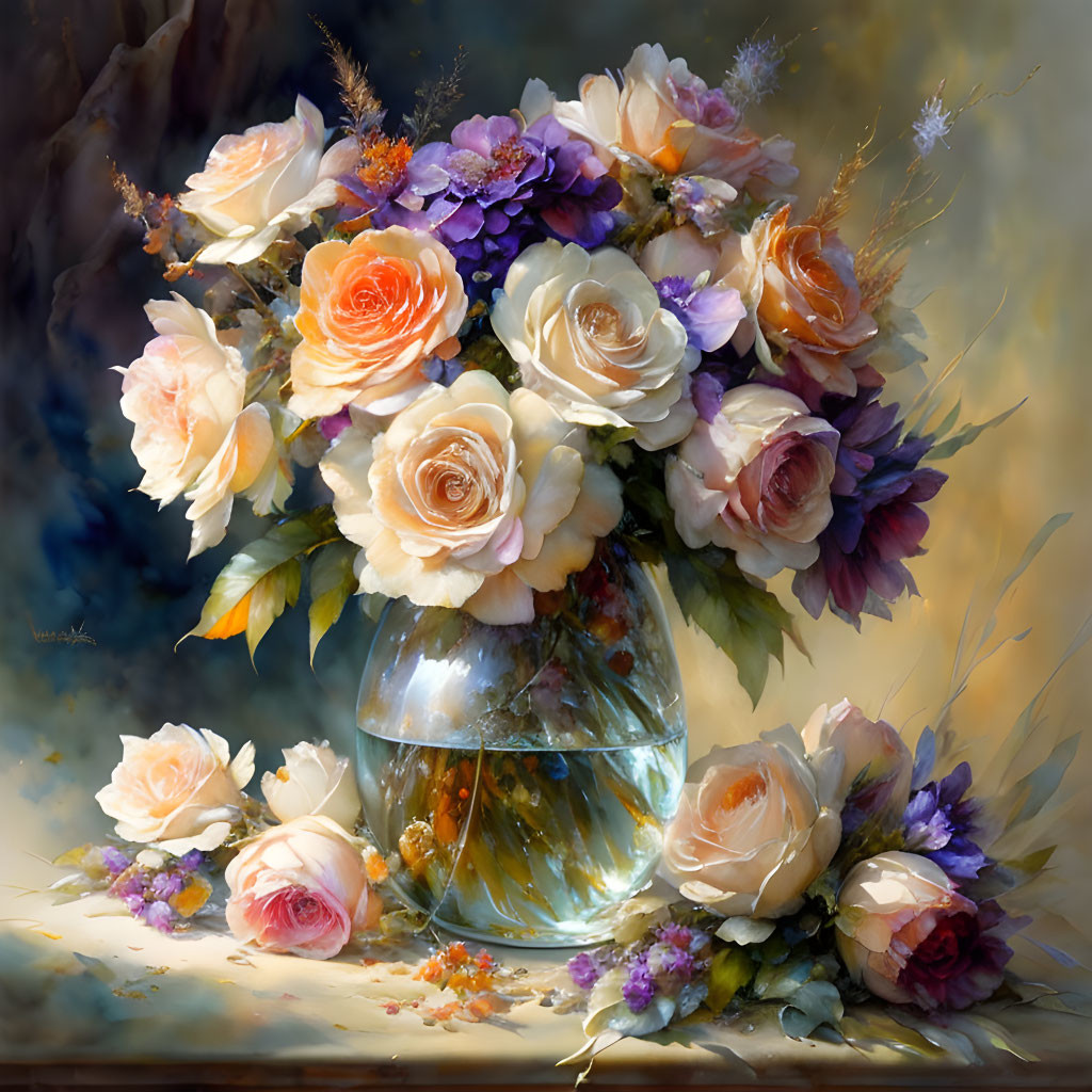 Colorful Oil Painting: Bouquet with Roses and Purple Flowers in Glass Vase