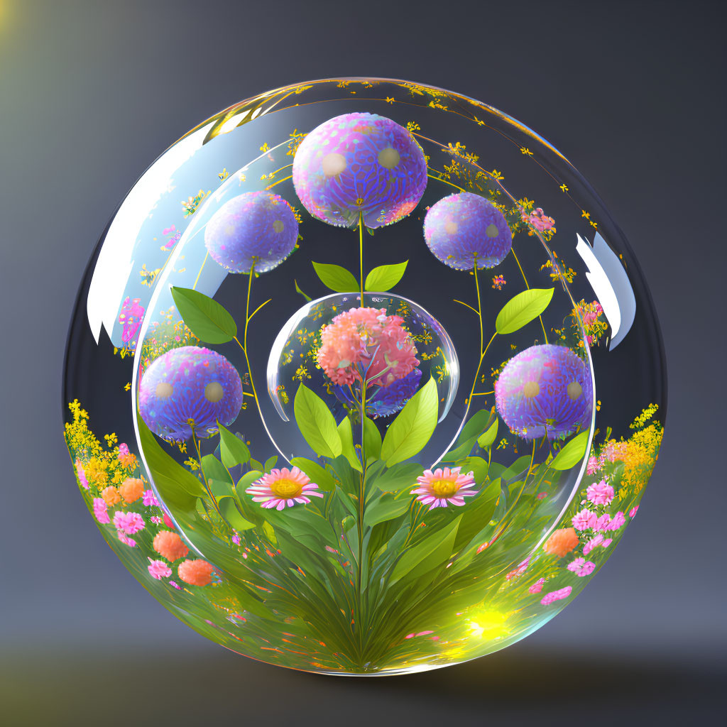 Colorful 3D illustration: Transparent sphere with diverse flowers and plants