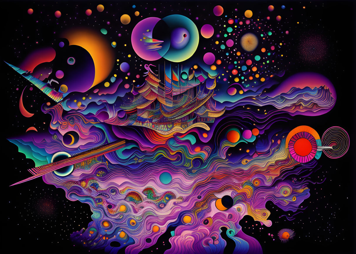 Colorful Psychedelic Ship Sailing through Cosmic Space