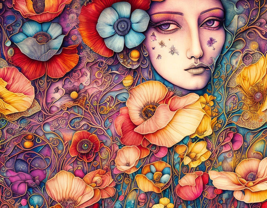 Woman's face merged with vibrant flowers and patterns in purple, red, and yellow