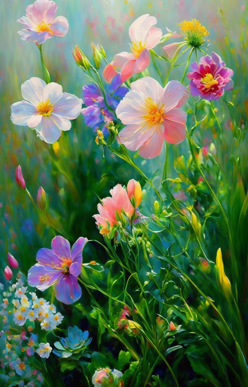 Colorful Garden Painting with Pink, White, & Yellow Flowers