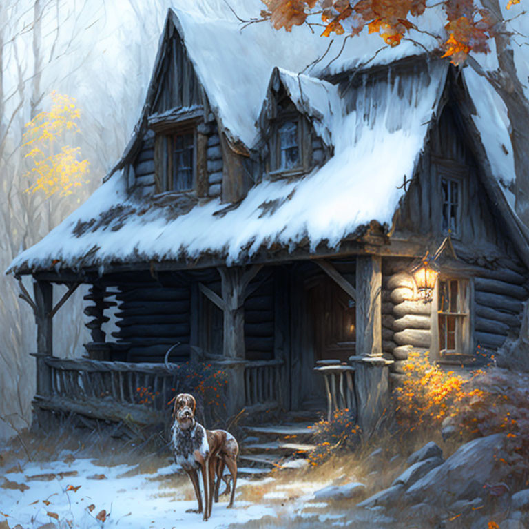 Cozy snow-covered log cabin with chimney smoke, autumn leaves, and dog.