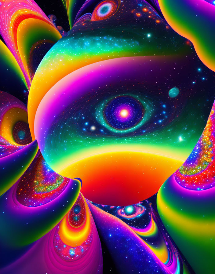 Colorful Psychedelic Digital Art with Cosmic Patterns and Neon Eye Motifs