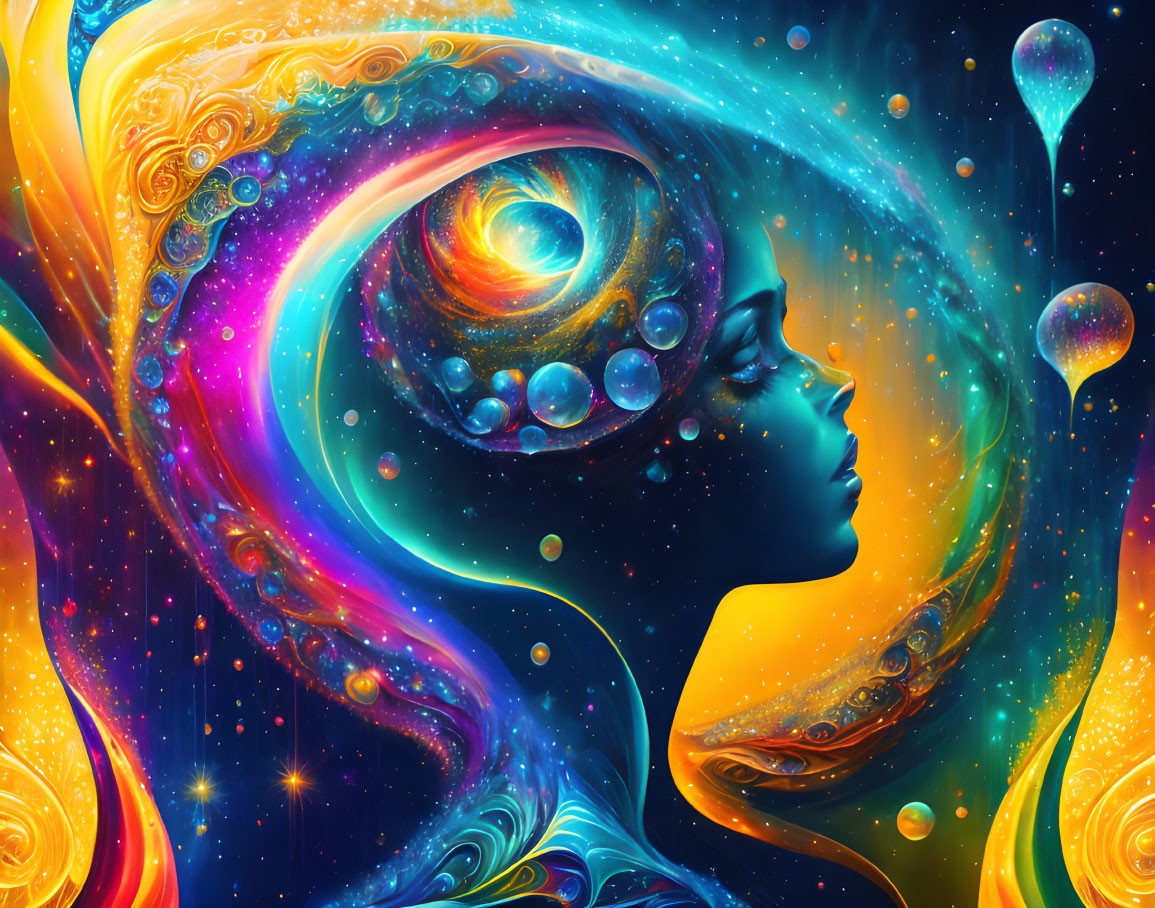 Cosmic-themed digital artwork of woman merging with swirling galaxies