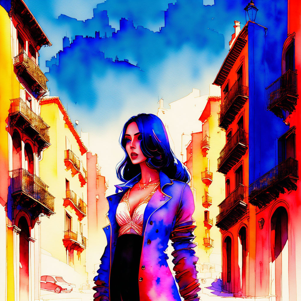 Colorful digital artwork: stylized woman with blue hair in vibrant city scene