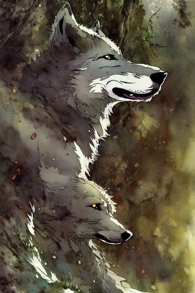 Illustrated wolves in watercolor-style with detailed background