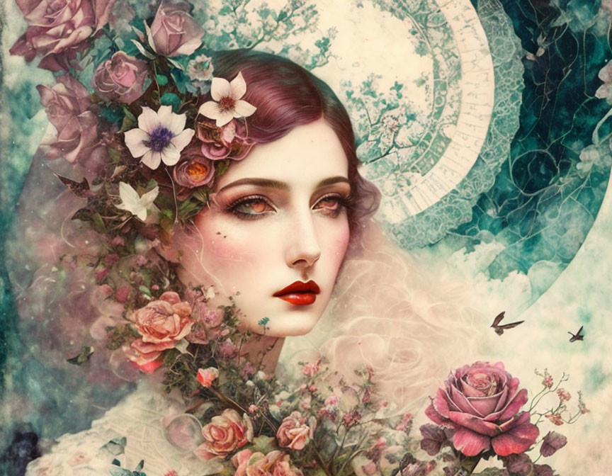 Surreal portrait of a woman with flowers and celestial motifs on vintage backdrop