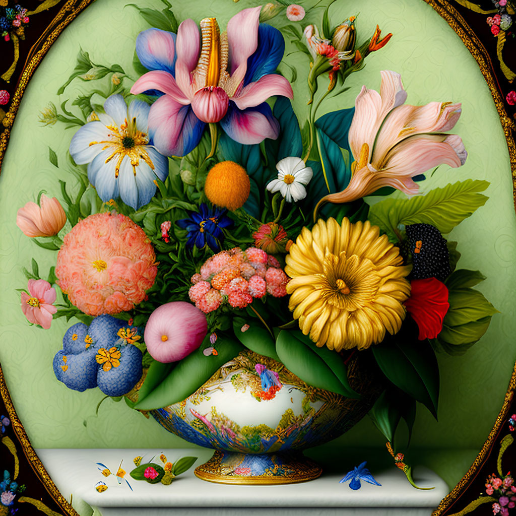 Colorful Flowers in Ornate Vase on Dark Background