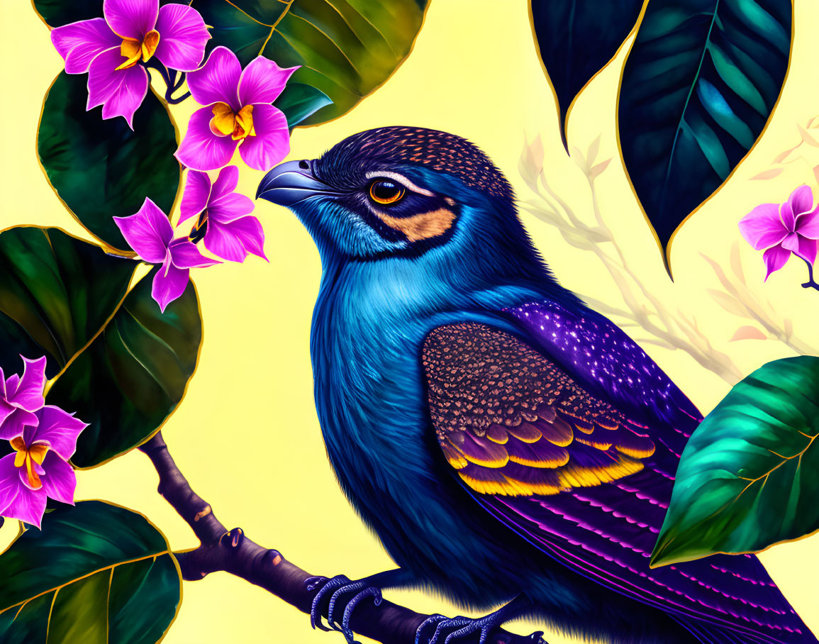 Detailed blue bird illustration on branch with purple flowers against yellow backdrop