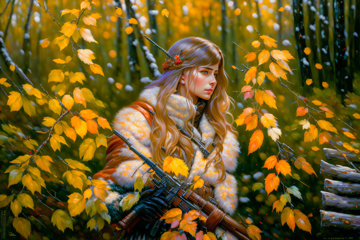 Person in fur coat with bow among autumn leaves