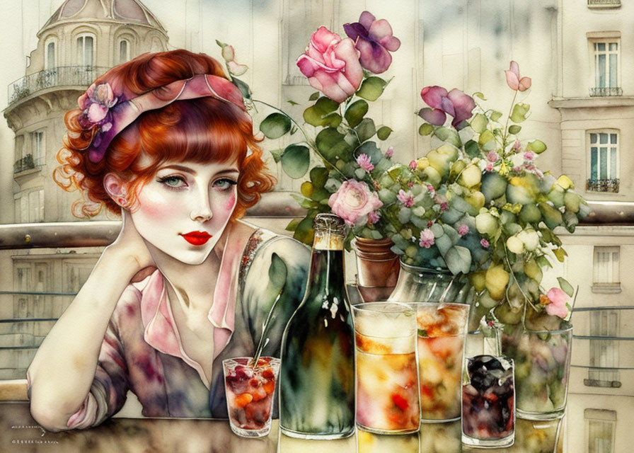 Illustration of red-haired woman in Parisian cafe with flower headband.