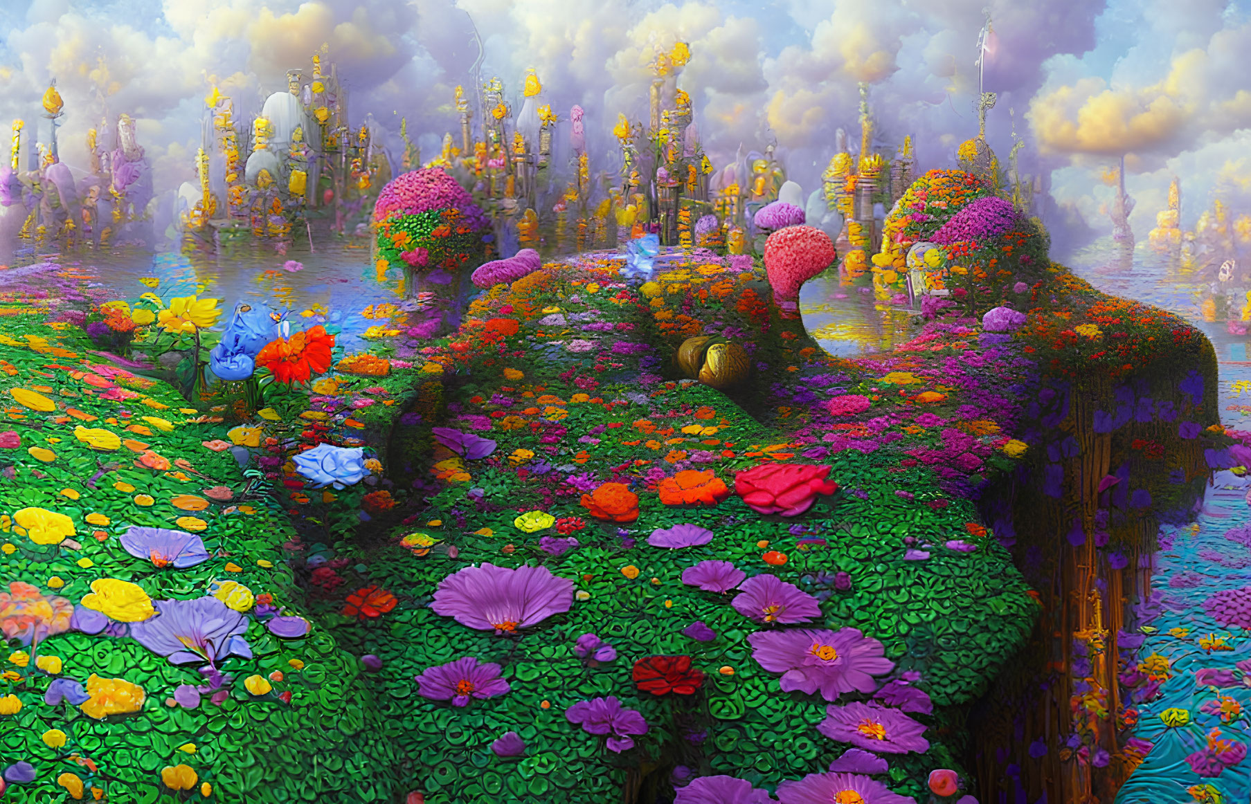 Colorful Flora and Whimsical Structures in Fantasy Landscape