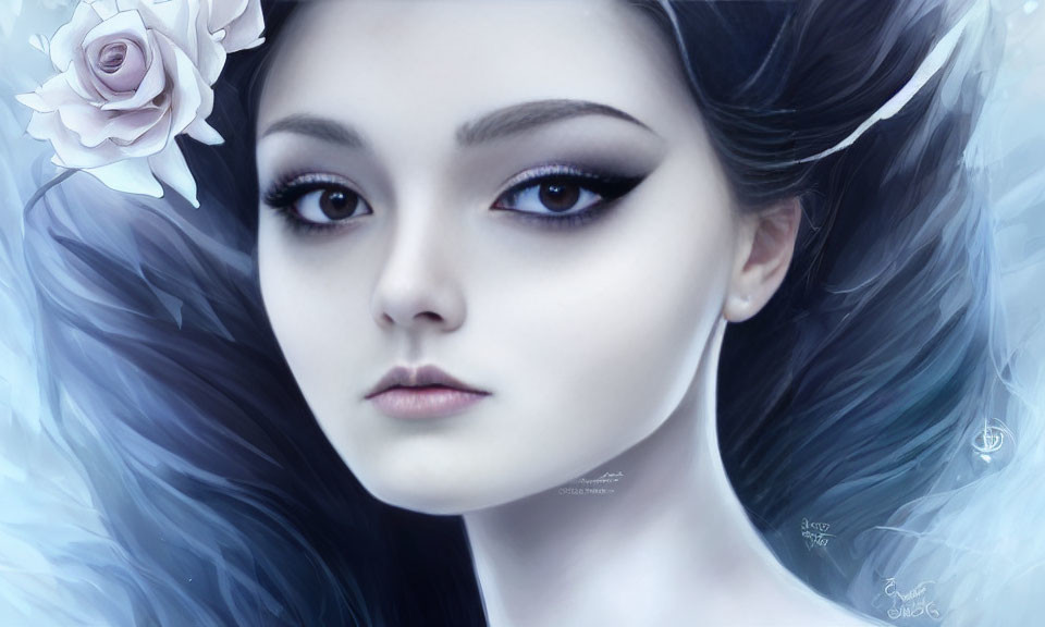 Digital artwork features woman with pale skin, dark hair, captivating eyes, and white rose in hair on