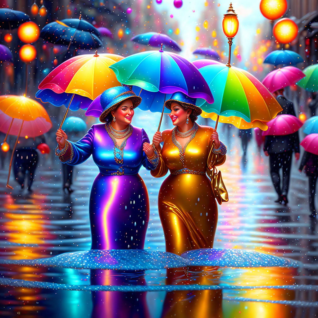 Two women in vibrant dresses with umbrellas on rainy city street.