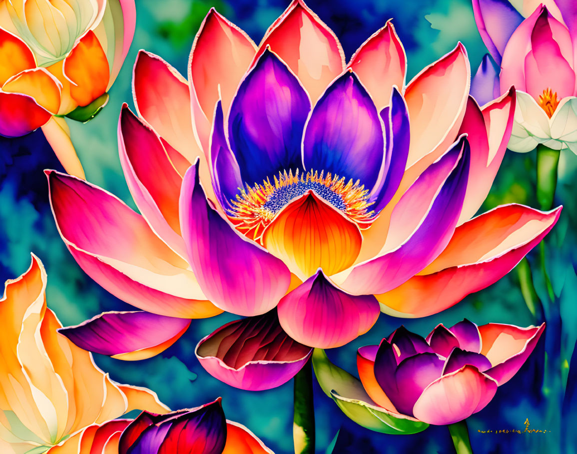 Colorful Digital Artwork: Blooming Lotus Flower in Pink and Purple