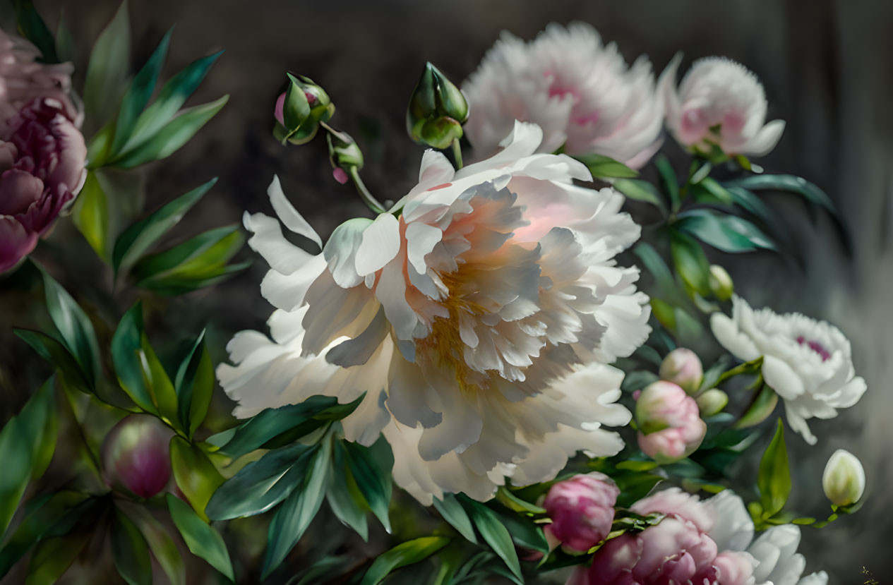 White Peonies with Pink Blushes and Green Leaves in Soft Focus