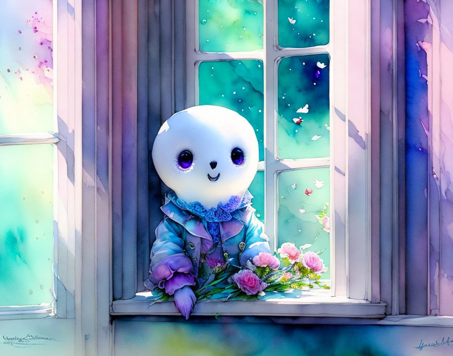 Whimsical character with large head sitting by colorful window