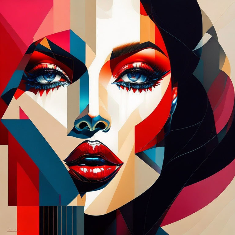 Vibrant abstract portrait with red lips and blue eyes, geometric shapes.