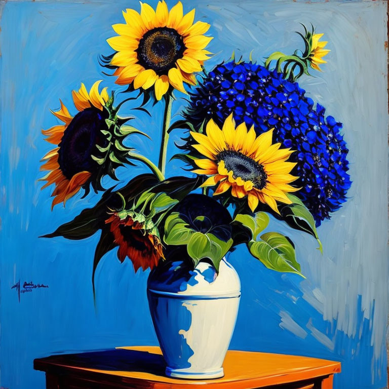 Colorful sunflowers and blue flowers in white vase on blue background.