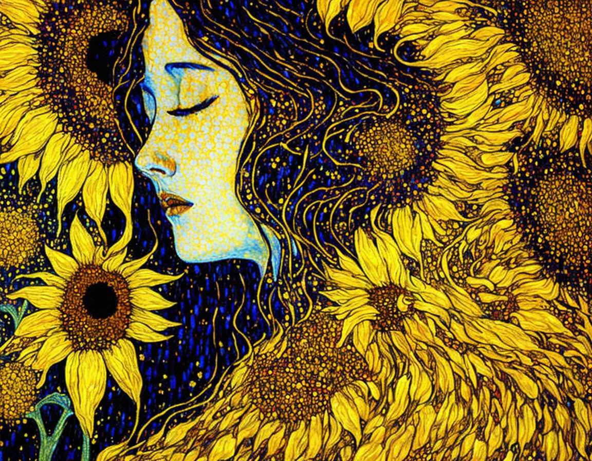 Vibrant sunflower-themed woman illustration in rich blue and golden tones