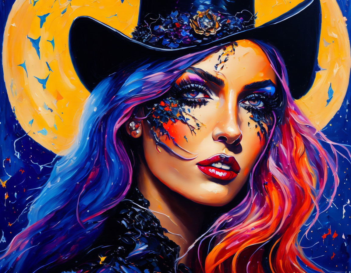 Colorful portrait of woman in bold makeup and cowboy hat with bird-like splashes.