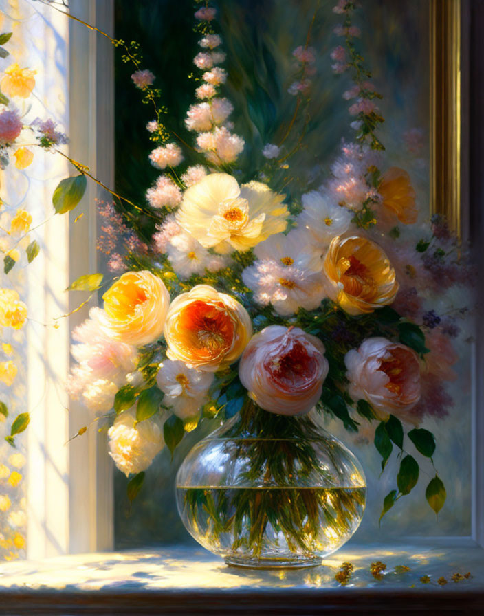 Colorful still-life painting with glass vase and roses on sunlit ledge