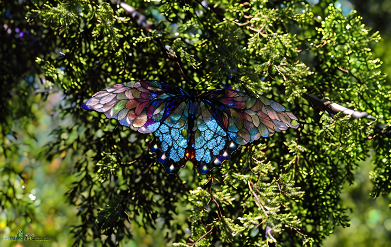 Colorful iridescent butterfly on green foliage under sunlight