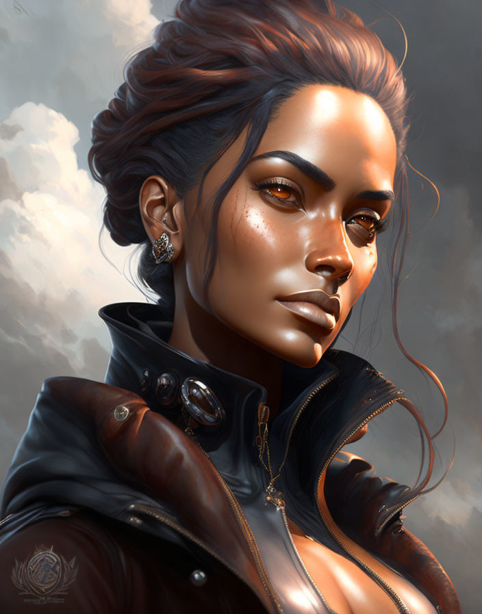 Portrait of woman with dark hair, gold earrings, black leather jacket