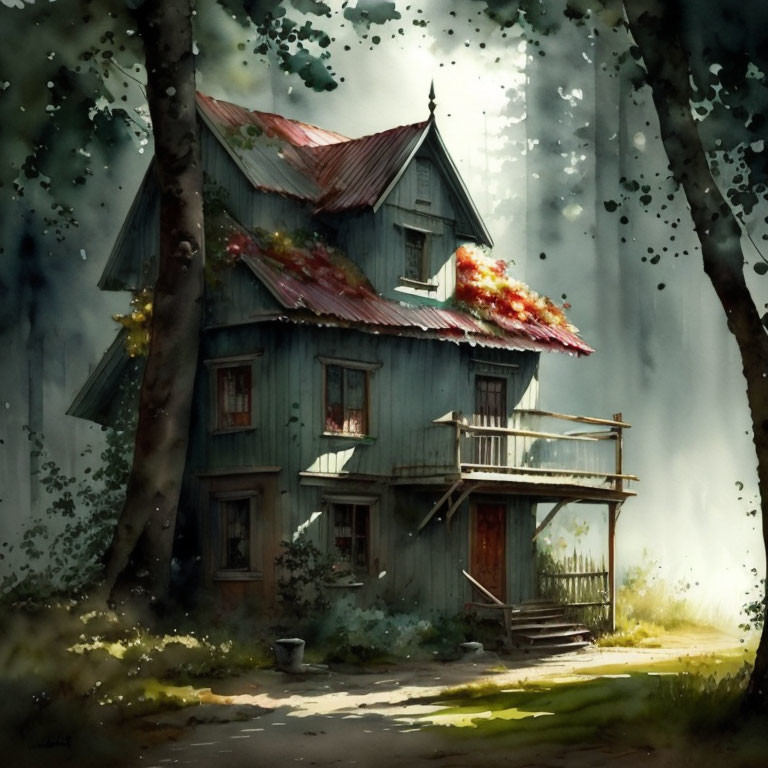 Weathered teal two-story house with red roof in misty forest setting