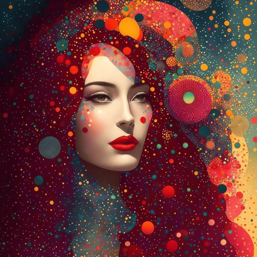 Vibrant portrait of a woman with red lips and abstract patterns