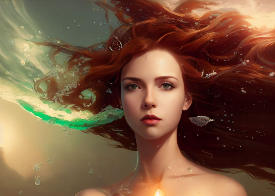 Red-haired woman submerged in water with fish and droplets.