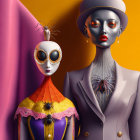 Stylized figures with mannequin-like features in avant-garde outfits on vibrant backdrop