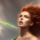 Digital painting: Woman with flowing red hair and green eyes in mystical green light