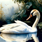 Swan with floral patterns resting on tranquil water surrounded by vibrant flowers