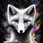 White Fox Face with Yellow Eyes Surrounded by Cosmic Colors