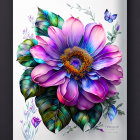 Detailed purple flower illustration with green leaves and butterfly