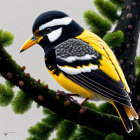 Yellow-breasted bird with black and white stripes perched on pine branch