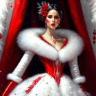 Illustrated woman in red & white holiday dress with fur trim against festive backdrop.