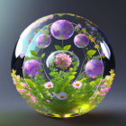 Colorful 3D illustration: Transparent sphere with diverse flowers and plants