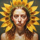 Woman with Sunflower Crown and Mosaic Patterns: Colorful and Artistic