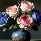 Colorful floral painting: Pink peonies, blue flowers, intricate vase on dark backdrop