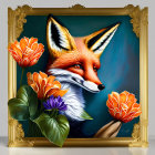 Fox portrait with orange flowers and greenery in golden frame