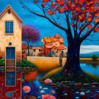 Colorful Surreal Artwork: Lakeside Village with Contemplative Woman Profile